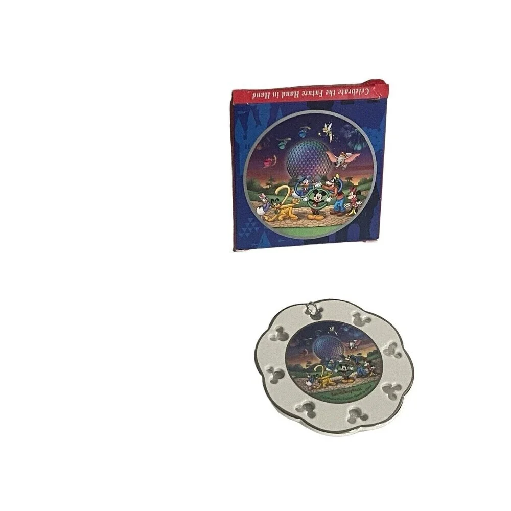 Vintage WALT DISNEY WORLD 2000 Celebrate the Future Hand In Hand Disc Ornament